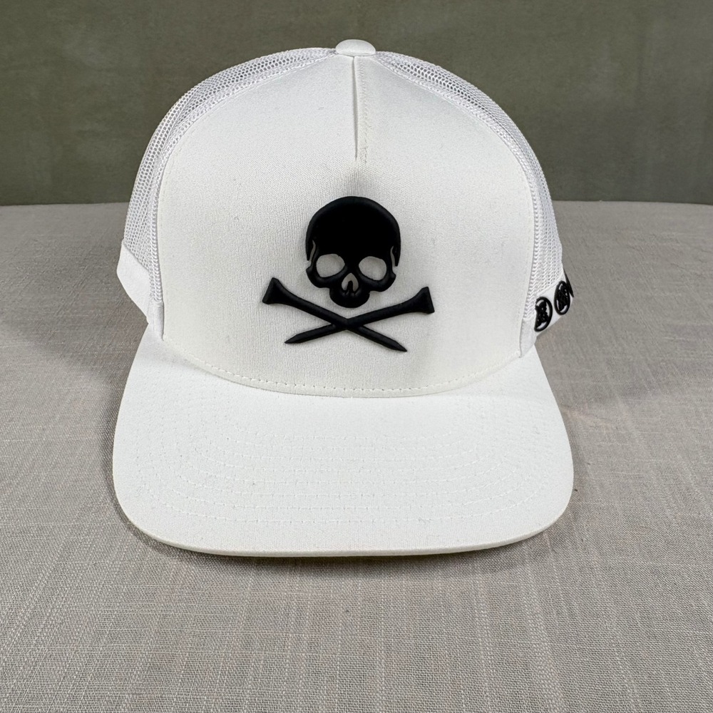 G/FORE Mens Skull & T's Trucker Hat White Black Golf Snapback Cap G4AF22H68